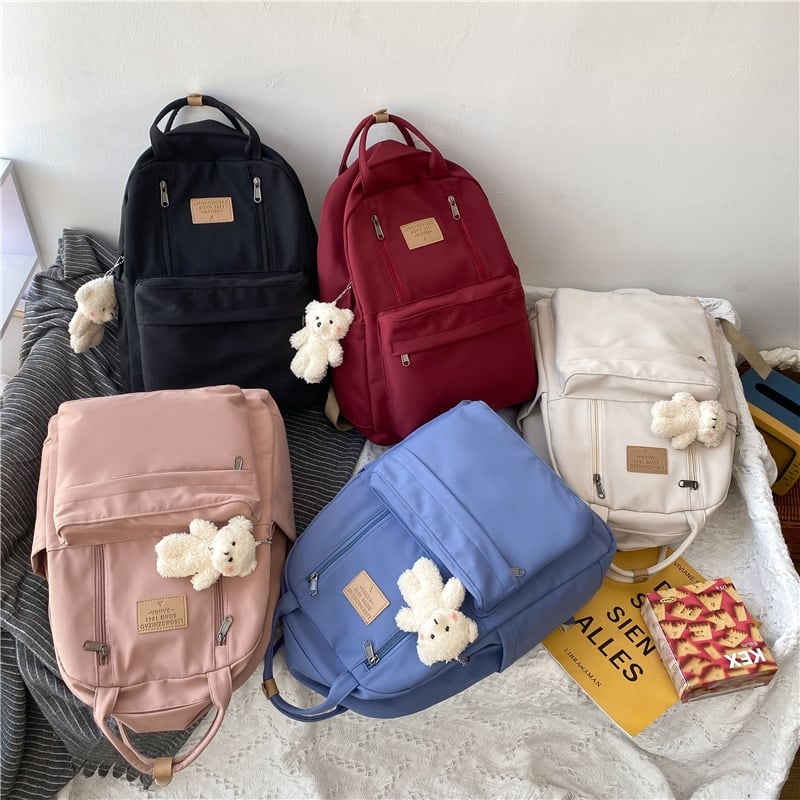 Korea Style Canvas College Backpack - With Teddy