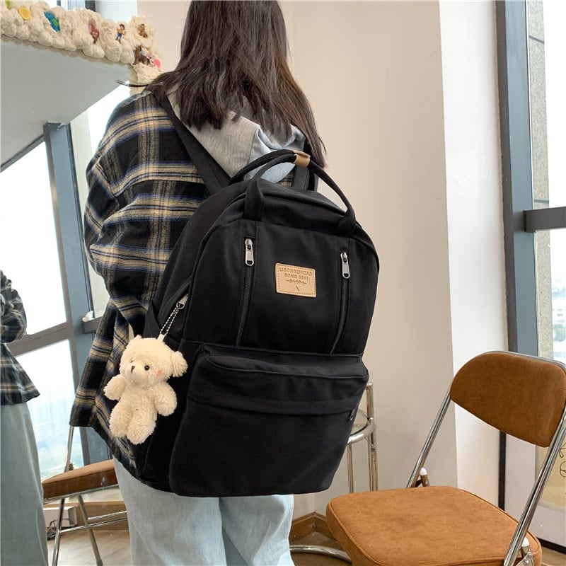 Korea Style Canvas College Backpack - With Teddy