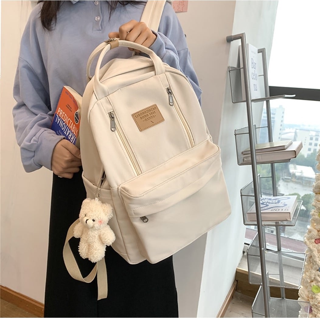 Korea Style Canvas College Backpack - With Teddy