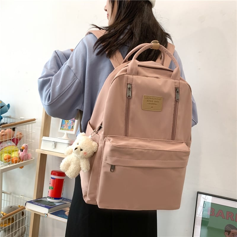 Korea Style Canvas College Backpack - With Teddy